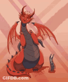 A Cartoon Drawing Of A Red Dragon Standing Next To A Man In A Cape GIF
