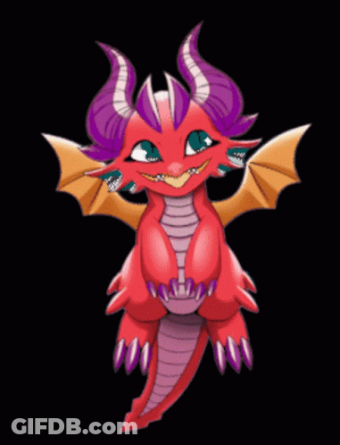 A Cartoon Drawing Of A Red Dragon With Purple Horns And Wings GIF