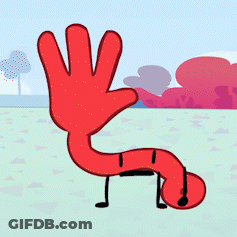 A Cartoon Drawing Of A Red Hand Laying On The Ground In A Field GIF