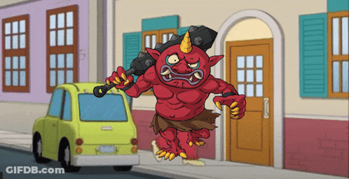 A Cartoon Drawing Of A Red Monster Holding A Hammer GIF