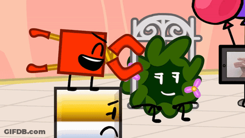 A Cartoon Drawing Of A Red Square Holding A Magnet Next To A Green Object With A Flower On Its Head GIF