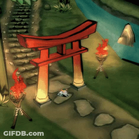 A Cartoon Drawing Of A Red Torii Gate With Flames On The Side GIF