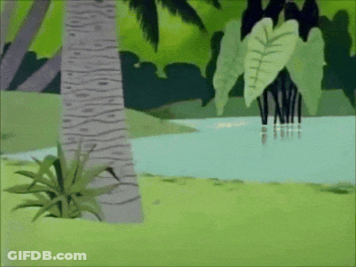 A Cartoon Drawing Of A River With Palm Trees In The Background GIF