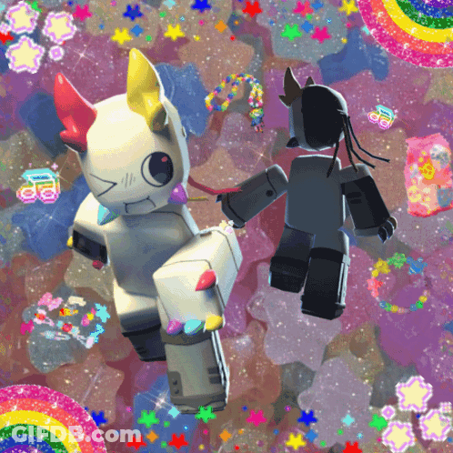 A Cartoon Drawing Of A Robot And A Unicorn With A Rainbow Background GIF