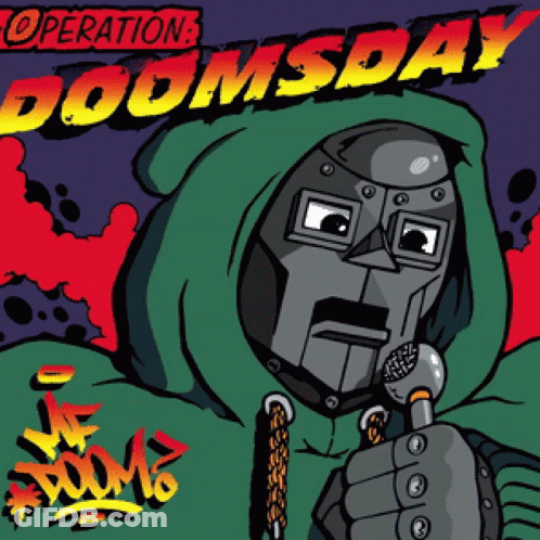 A Cartoon Drawing Of A Robot Holding A Microphone With The Words Operation Doomsday Above Him GIF