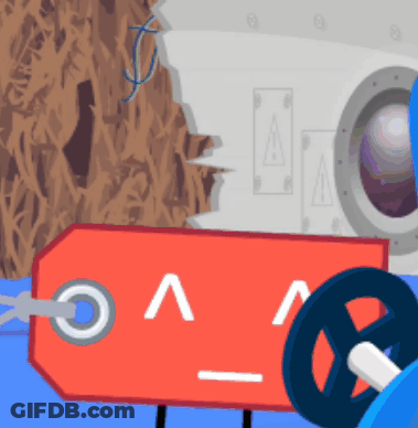 A Cartoon Drawing Of A Robot Holding A Red Tag That Says ' Vv ' On It GIF