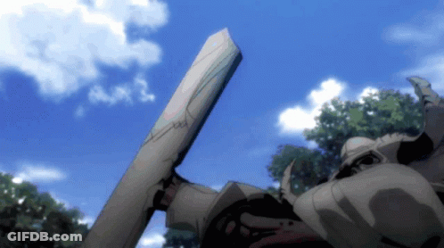 A Cartoon Drawing Of A Robot Holding A Sword Against A Blue Sky With Clouds GIF