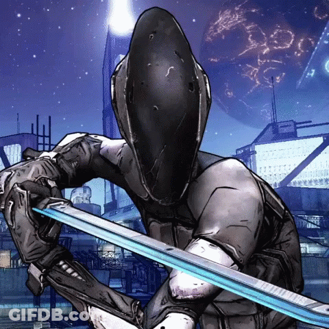 A Cartoon Drawing Of A Robot Holding A Sword With A Planet In The Background GIF