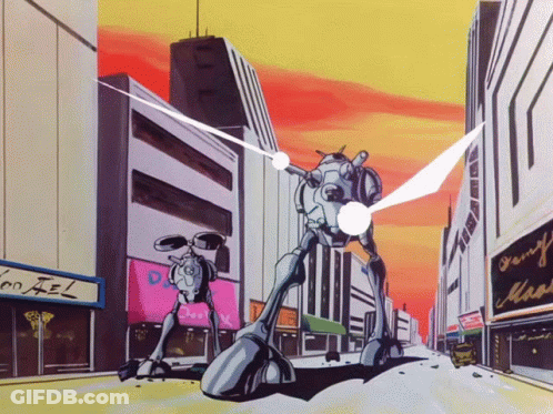 A Cartoon Drawing Of A Robot In Front Of A Building That Says Jenny GIF