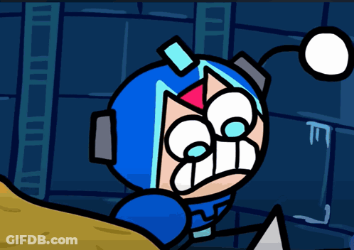 A Cartoon Drawing Of A Robot With A Blue Helmet On GIF