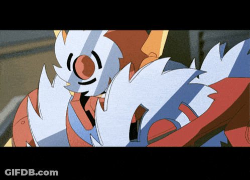 A Cartoon Drawing Of A Robot With A Red And White Feathered Head GIF