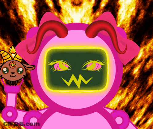 A Cartoon Drawing Of A Robot With Horns And A Pentagram On It 'S Head GIF