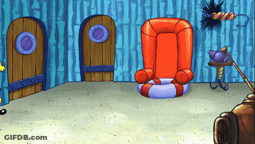 A Cartoon Drawing Of A Room With A Red Chair And A Seashell On A Table GIF