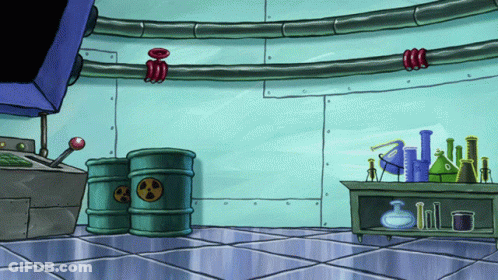 A Cartoon Drawing Of A Room With Barrels And Beakers On The Floor GIF