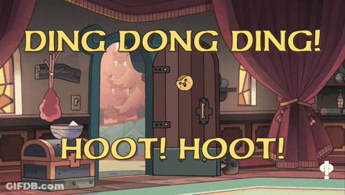 A Cartoon Drawing Of A Room With The Words Ding Dong Ding Hoot Hoot On It GIF