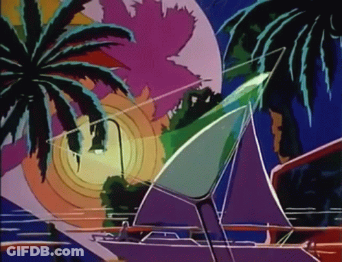 A Cartoon Drawing Of A Sailboat With Palm Trees In The Background . GIF