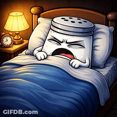 A Cartoon Drawing Of A Salt Shaker Laying In A Bed GIF