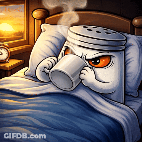 A Cartoon Drawing Of A Salt Shaker Laying In Bed Drinking A Cup Of Coffee GIF