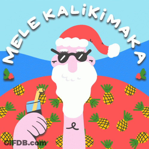 A Cartoon Drawing Of A Santa Claus With Pineapples And The Words Mele Kalikimaka Around Him GIF