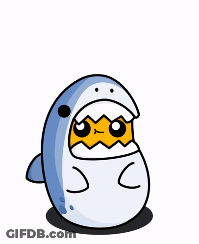 A Cartoon Drawing Of A Shark With A Yellow Egg In Its Mouth GIF