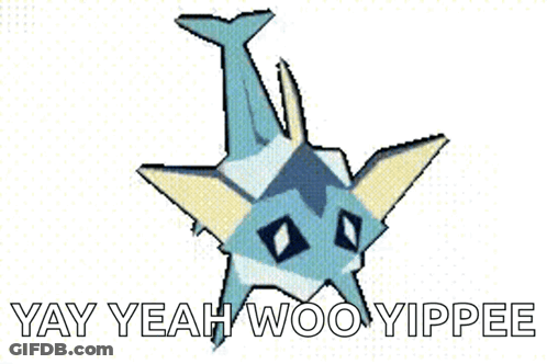 A Cartoon Drawing Of A Shark With The Words Yay Yeah Woo Yippee Written Below It . GIF