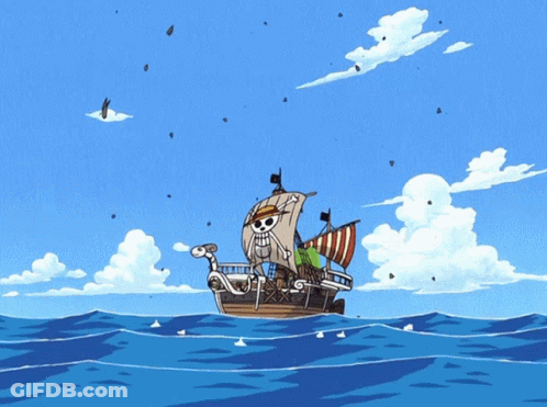 A Cartoon Drawing Of A Ship With A Skull On The Sail GIF