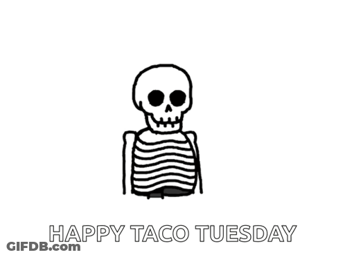 A Cartoon Drawing Of A Skeleton Eating Tacos With The Words Happy Taco Tuesday Below It GIF