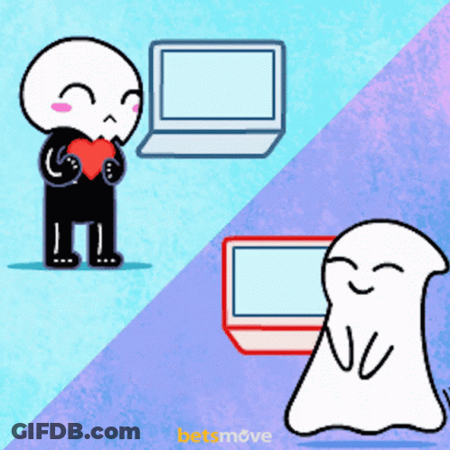 A Cartoon Drawing Of A Skeleton Holding A Heart And A Ghost Holding A Laptop GIF
