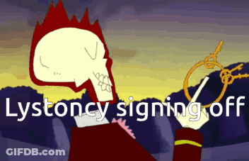 A Cartoon Drawing Of A Skeleton Holding Keys With The Words " Lystoncy Signing Off " Below It GIF