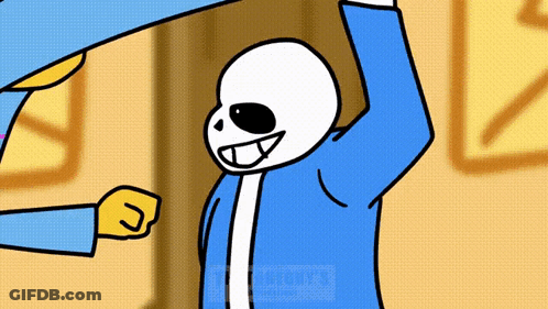 A Cartoon Drawing Of A Skeleton In A Blue Shirt With A Yellow Fist GIF