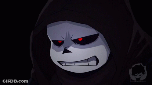 A Cartoon Drawing Of A Skeleton With Red Eyes And A Hood GIF