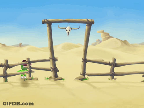 A Cartoon Drawing Of A Skull Hanging From A Wooden Fence In The Desert GIF