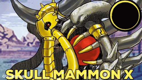 A Cartoon Drawing Of A Skull Mammoth With The Words Skull Mammon X On The Bottom GIF