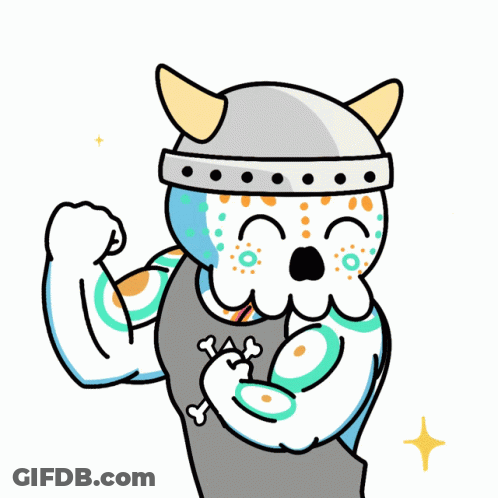 A Cartoon Drawing Of A Skull Wearing A Helmet And A Skull And Crossbones Shirt GIF