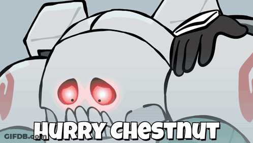 A Cartoon Drawing Of A Skull With Red Eyes And The Words Hurry Chestnut Below It GIF