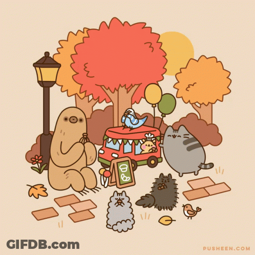 A Cartoon Drawing Of A Sloth A Cat And A Sign That Says ' Donuts ' On It GIF