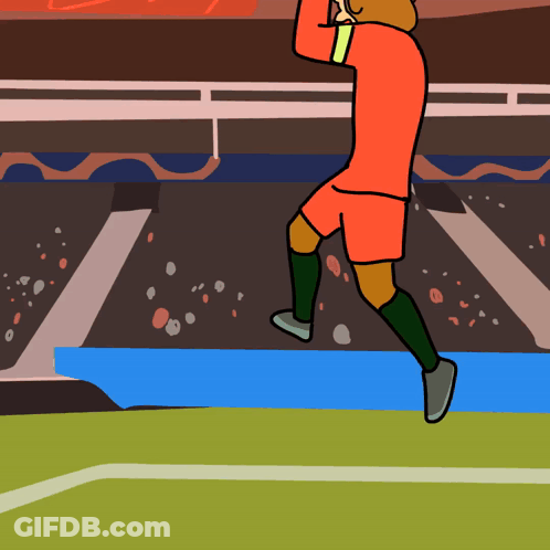 A Cartoon Drawing Of A Soccer Player In Orange Shorts Jumping In The Air GIF
