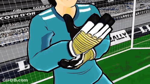 A Cartoon Drawing Of A Soccer Player Wearing Gloves With A Sign In The Background That Says " Cotr D' Or " GIF