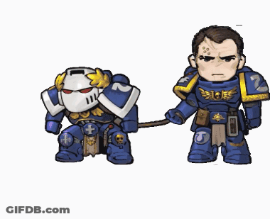 A Cartoon Drawing Of A Space Marine On A Leash With The Number 2 On His Chest GIF