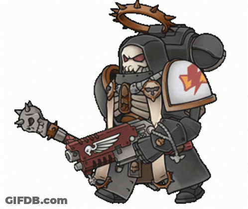 A Cartoon Drawing Of A Space Marine With A Skull On His Chest GIF