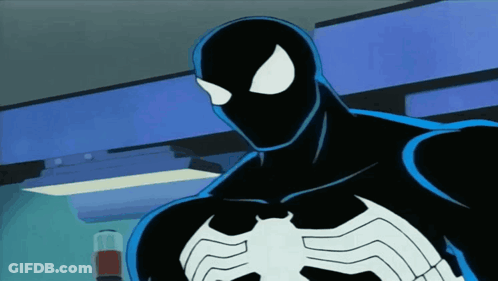 A Cartoon Drawing Of A Spider Man In A Black Suit GIF