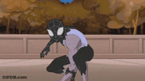 A Cartoon Drawing Of A Spider Man In A Black Suit GIF