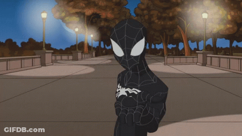 A Cartoon Drawing Of A Spider-Man Standing On A Sidewalk GIF