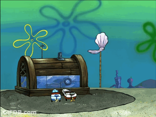 A Cartoon Drawing Of A Spongebob Treasure Chest With A Yellow Flower In The Background GIF