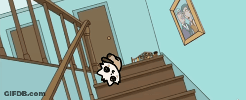 A Cartoon Drawing Of A Staircase With A Picture Of A Couple Hanging On The Wall GIF