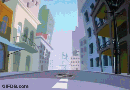 A Cartoon Drawing Of A Street With Buildings And A Manhole Cover GIF