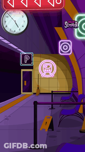 A Cartoon Drawing Of A Subway Station With A Clock On The Wall GIF