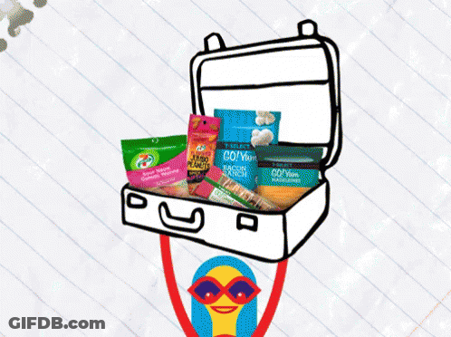 A Cartoon Drawing Of A Suitcase Filled With Snacks Including Trader Joe 'S GIF
