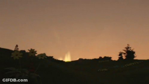 A Cartoon Drawing Of A Sun Rising Over A Field Of Flowers And Trees GIF