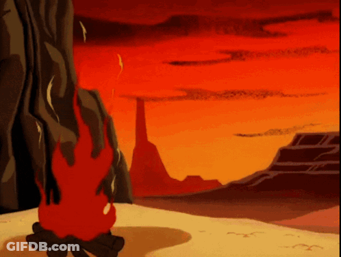 A Cartoon Drawing Of A Sunset With A Fire In The Foreground GIF